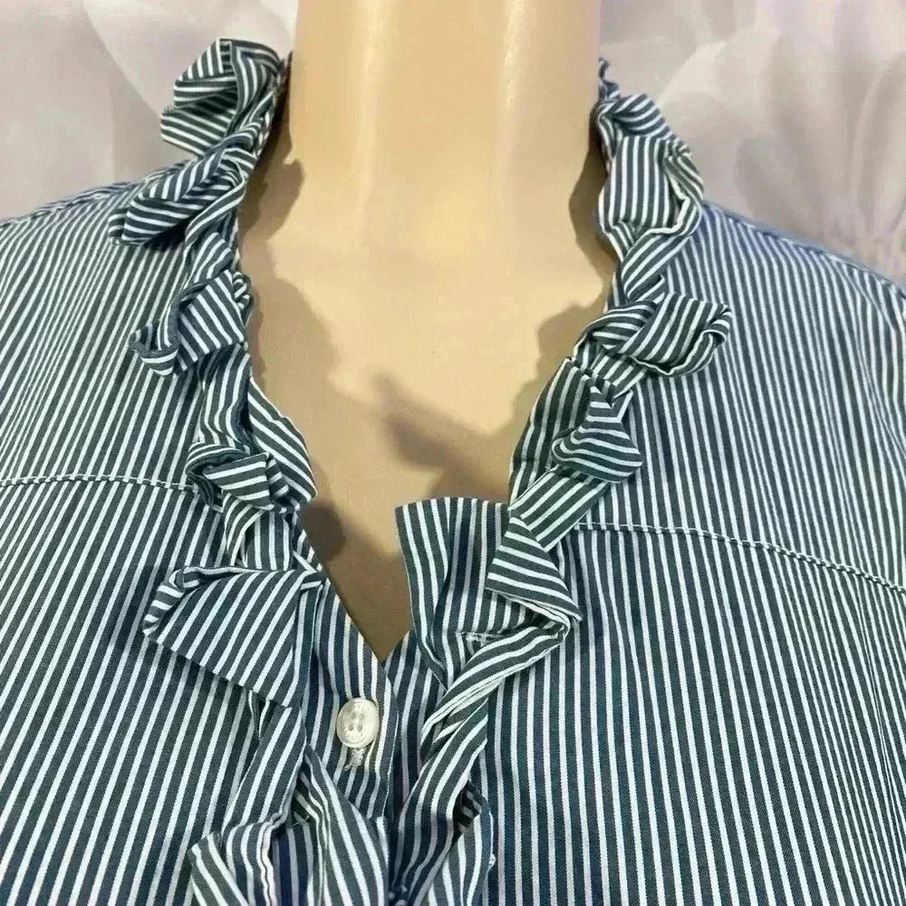 Express Design Studio Womens Size XS Blue‎ & White Striped Ruffled Blouse - Picture 5 of 9